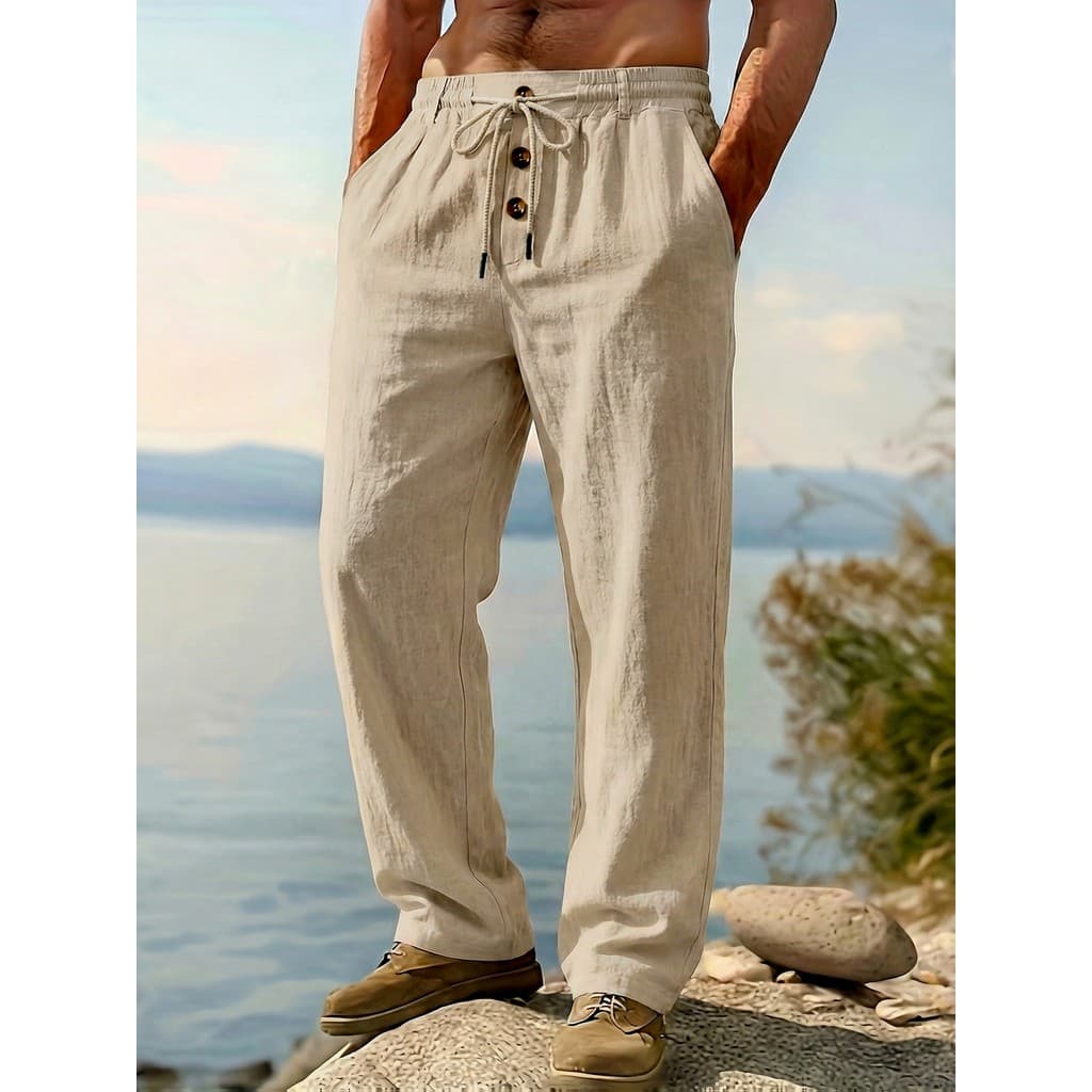 Calças esportivas de linho masculinas 2026 novo estilo respirável confortável tecido calças retas ao ar livre Casual cor
