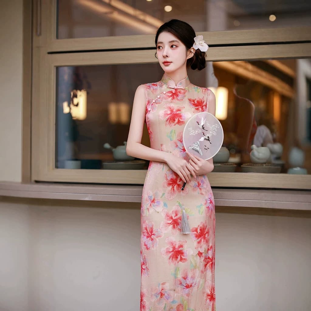 Rosa sem mangas estilo chinês novo estilo chinês regulador Su longo Cheongsam melhorado estilo jovem 2026 novo estilo fe