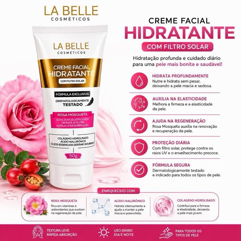 Creme Facial Hidratante Rosa Mosqueta 50g com Filtro Solar Hidratação Profunda e Proteção Diária