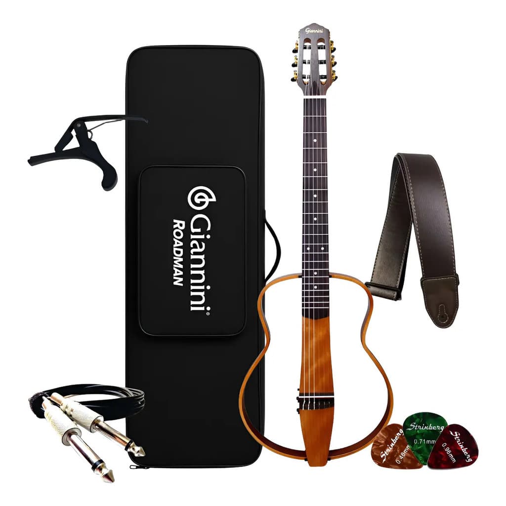 Kit Violão Elétrico Giannini Roadman Silent Nylon Desmontável + Bag Acolchoada Capotraste Correia Palhetas Cabo P10