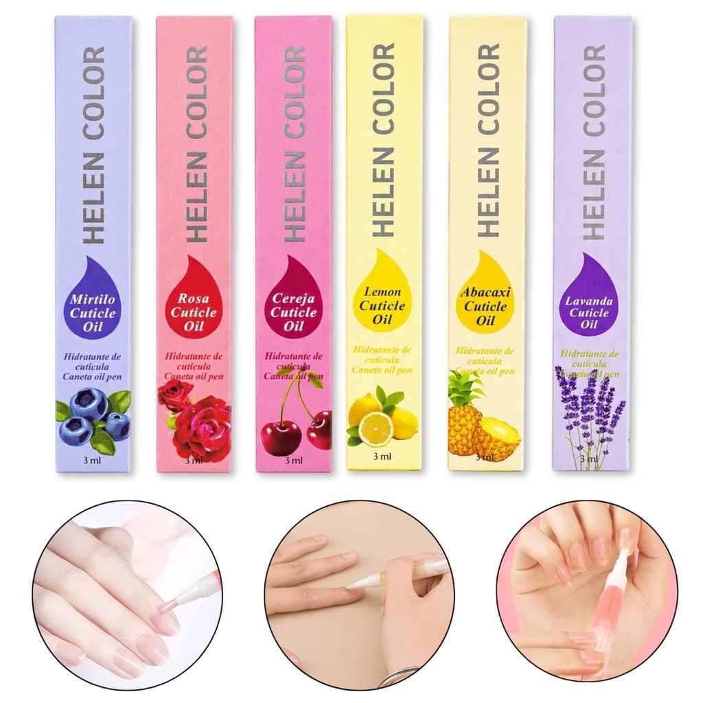 Kit 6 Canetas Óleo Revitalizador de Cutículas Helen Color Hidratante Aroma Unhas