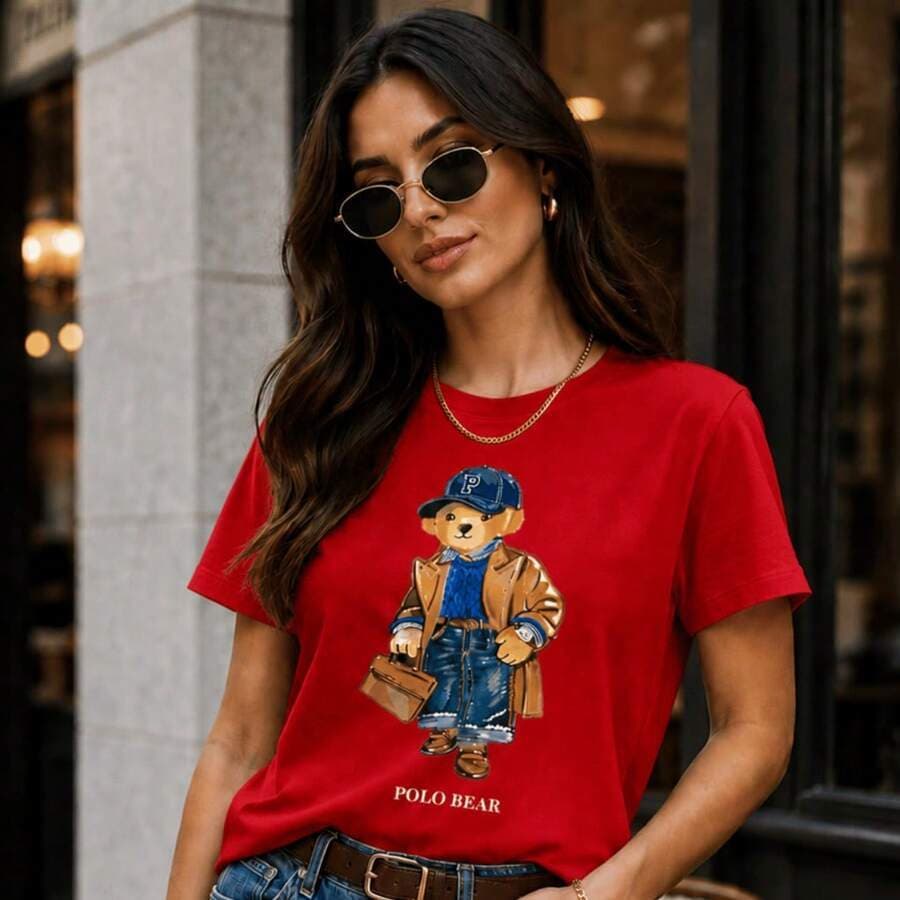Camiseta Feminina Urso Polo Estampa Premium Algodão 30.1 Casual Confortável Fashion T Shirt Blusa