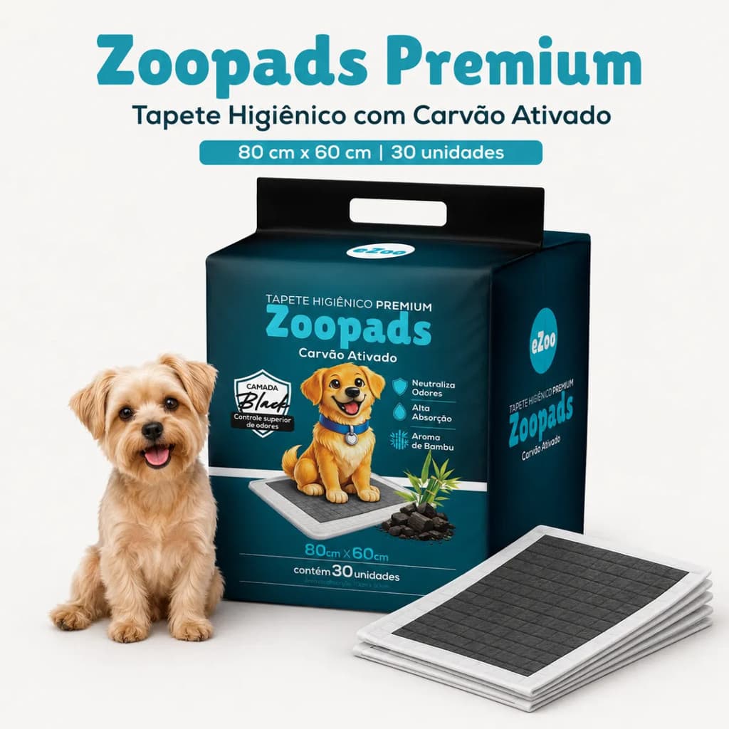 Tapete Higiênico Descartável para Cachorro Premium Zoopads Carvão Ativado Bambu 80x60cm 30 Unidades