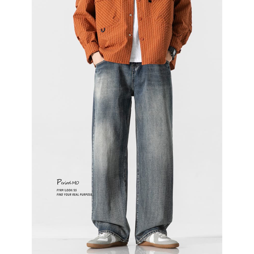 FYRP Momo Americano Retro Lavado Angustiado Jeans Retos Homens Street Wear Primavera Outono Solto Casual Calças de Perna