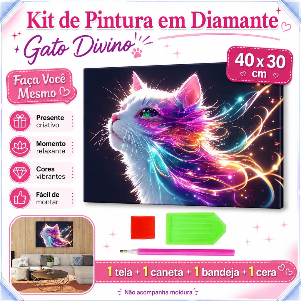 Kit Pintura com Diamantes DIY 40×30cm Tela Poliéster, Caneta, Bandeja e Massa Adesiva