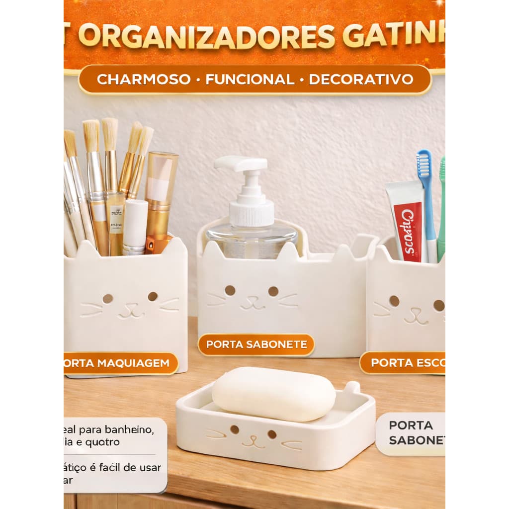Kit 4 Organizador de Banheiro Gatinho Porta Escova Porta Pasta Porta Objetos Organizador de Bancada Decoração Banheiro