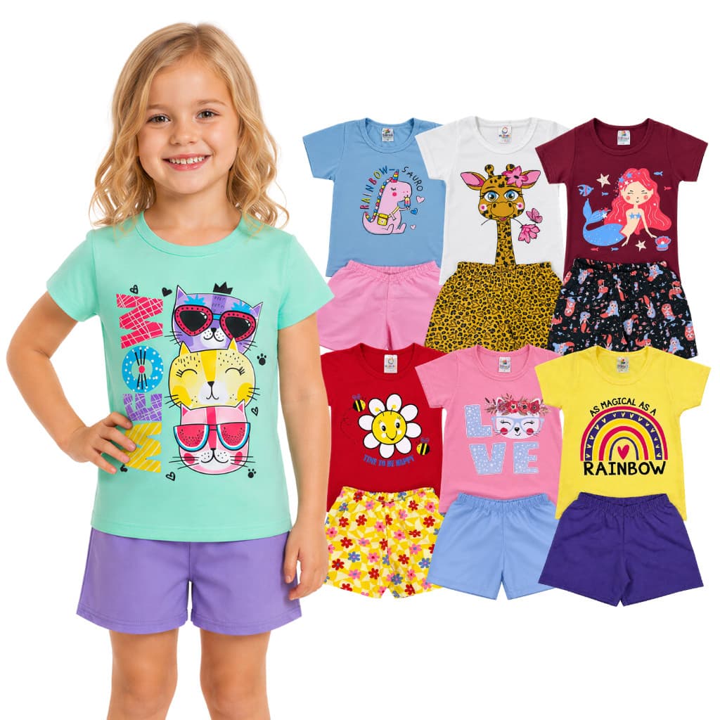 Kit 6 Peças Roupa Infantil Menina Verão Sortidos Estampado Camiseta + Shorts 3 Conjunto