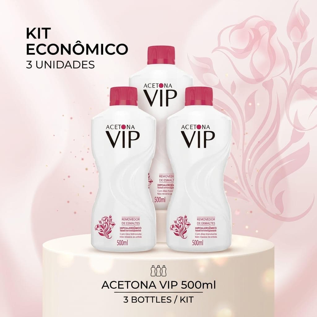 Kit Com 3 Removedor de Esmalte Vip 500ml - Hipoalergênico Acetona