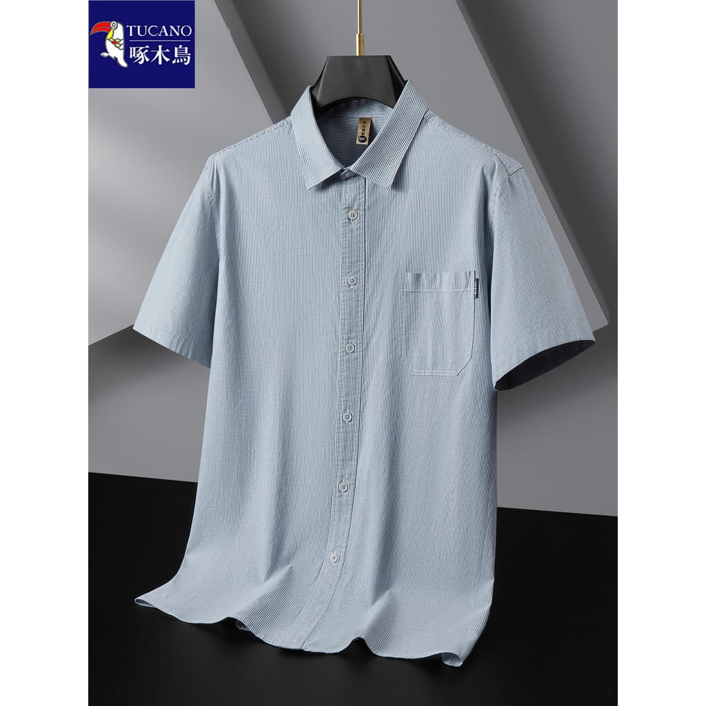 Woodpecker meia-idade tamanho grande listrado camisa de manga curta masculina verão fino solto bolso de algodão puro