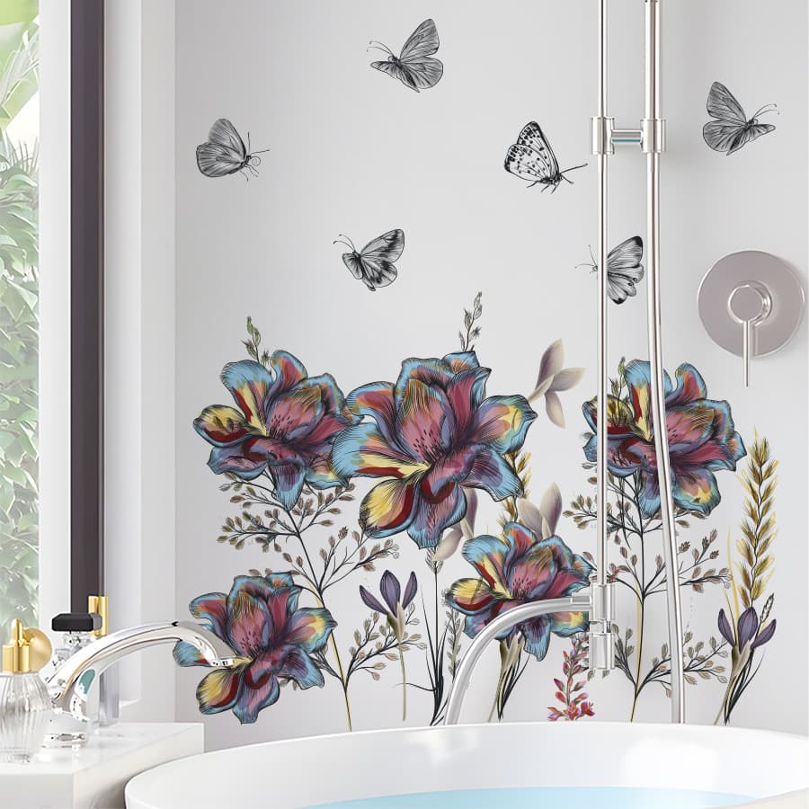 Adesivos de parede borboleta flor arbusto auto-adesivo adesivos de parede do banheiro lavanderia decoração adesivos