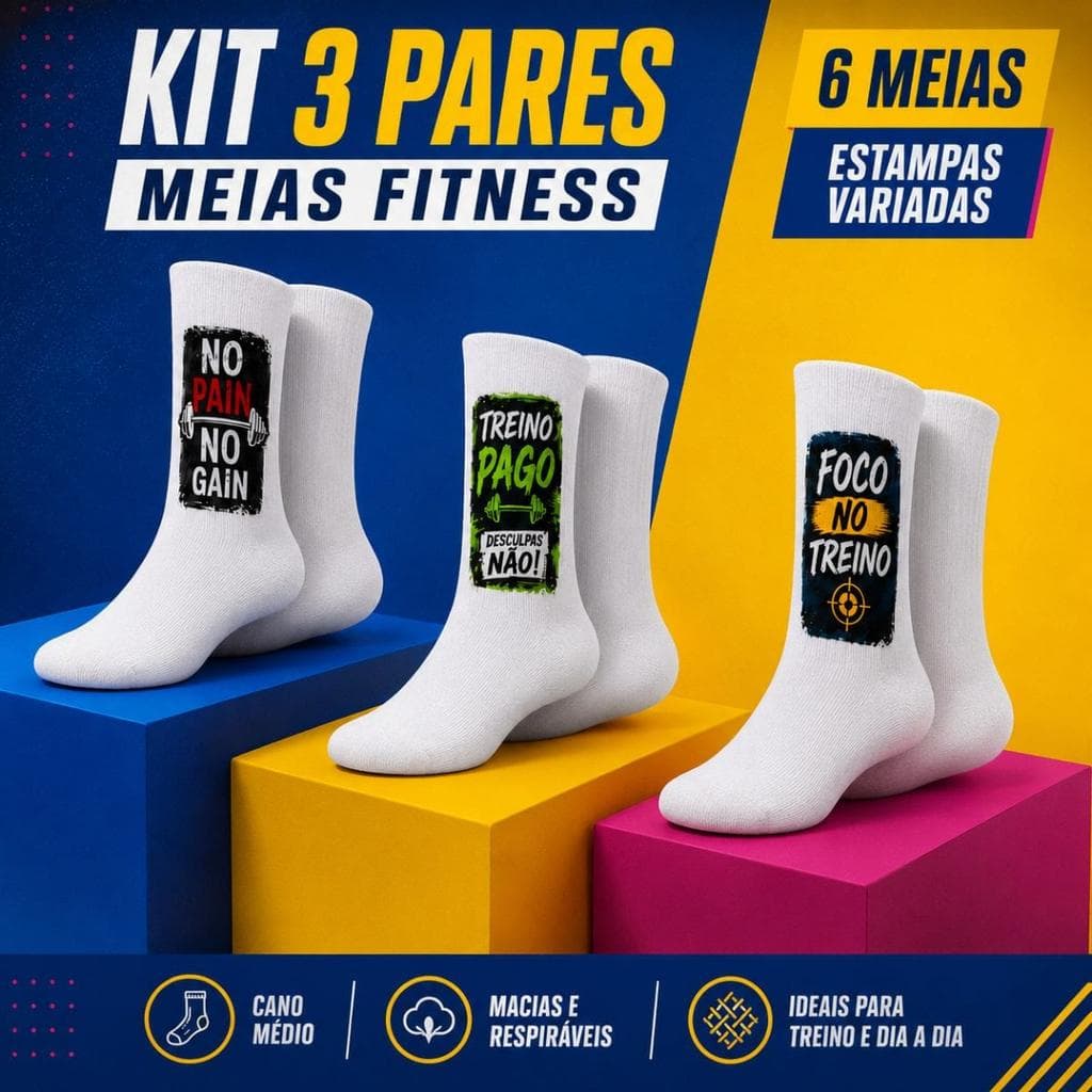 KIT 3 PARES DE MEIAS FITNESS BRANCAS – ESTAMPAS VARIADAS – ENVIO ALEATÓRIO