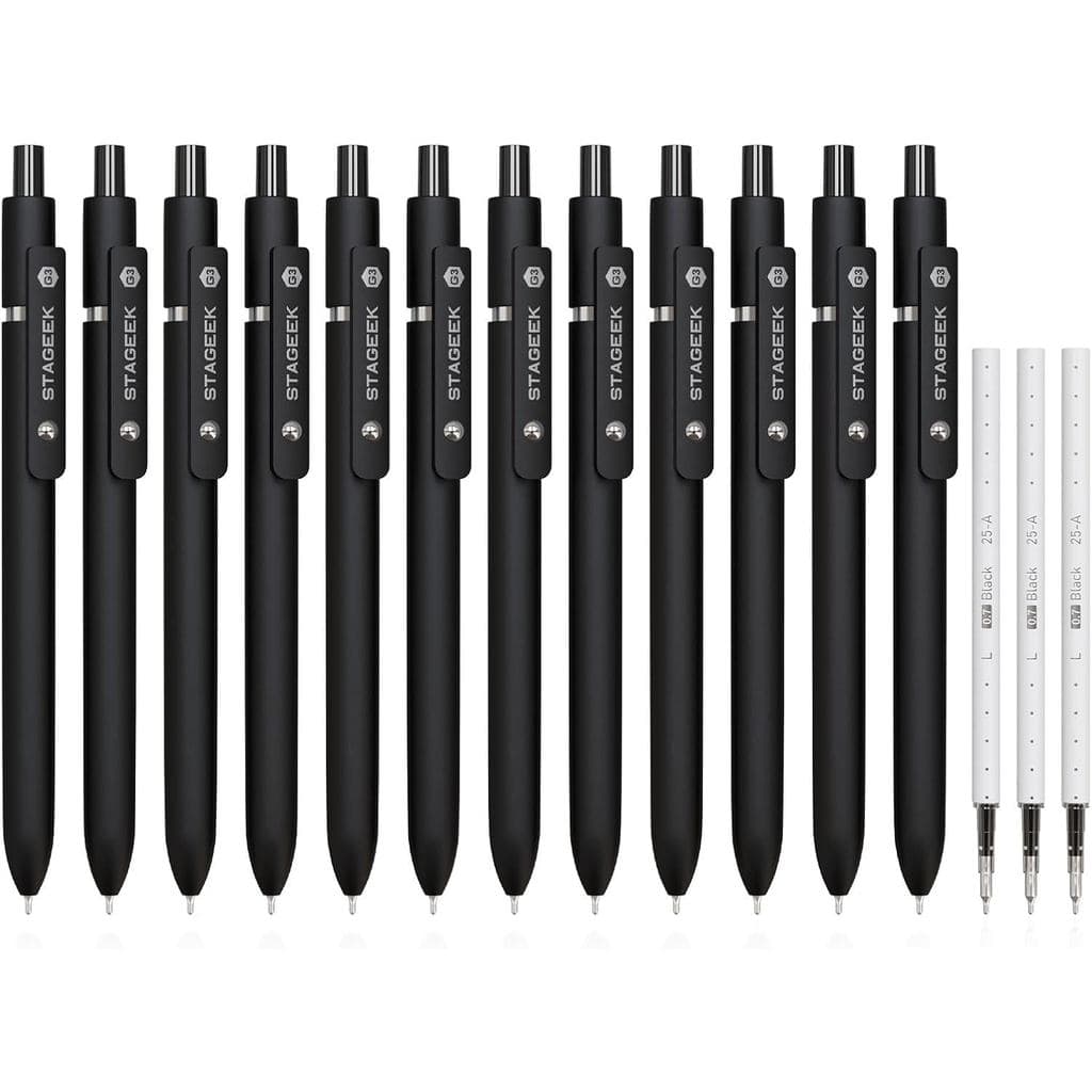 Canetas de Gel Pretas STAGEEK GX3, 12 Peças, Canetas de Ponta Fina para Escrita Suave com 3 Refis Extras, Canetas de Tin