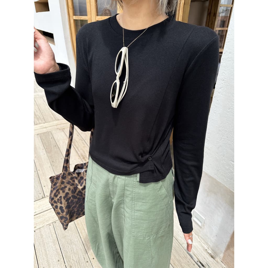 Em torno do pescoço lado abotoado cintura estreita curto manga comprida camiseta feminina outono novo estilo solto topo