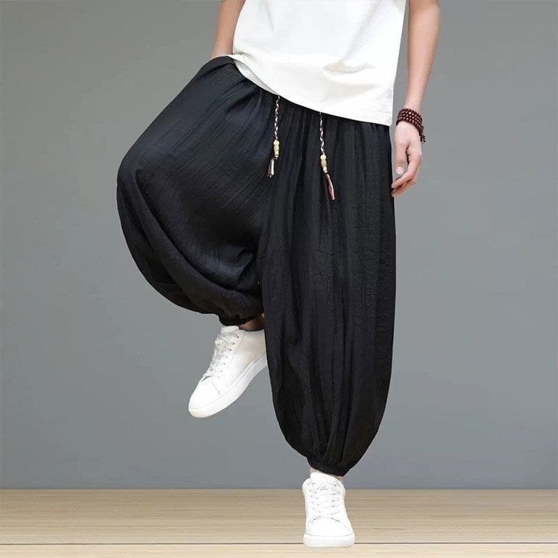 Calças de seda gelo masculinas finas soltas Bloomers estilo chinês Harem calças tamanho grande perna larga Casual