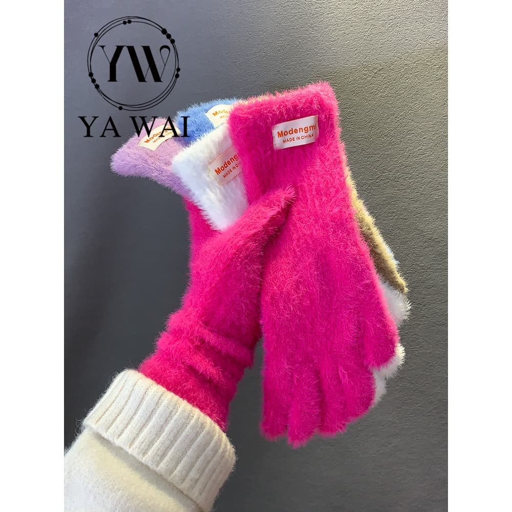 Dopamina rosa vermelho pelúcia luvas de malha feminino inverno estilo coreano longo estudantes All-Match sem dedos quent