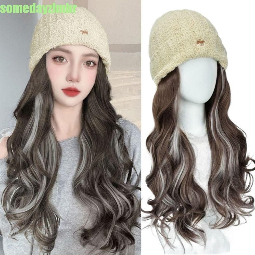 SOMEDAYZL0M Gorros Chapéu Com Perucas De Cabelo , Peruca De Malha De Esqui De Uma Peça , Longo Fofo Ondulado De Água