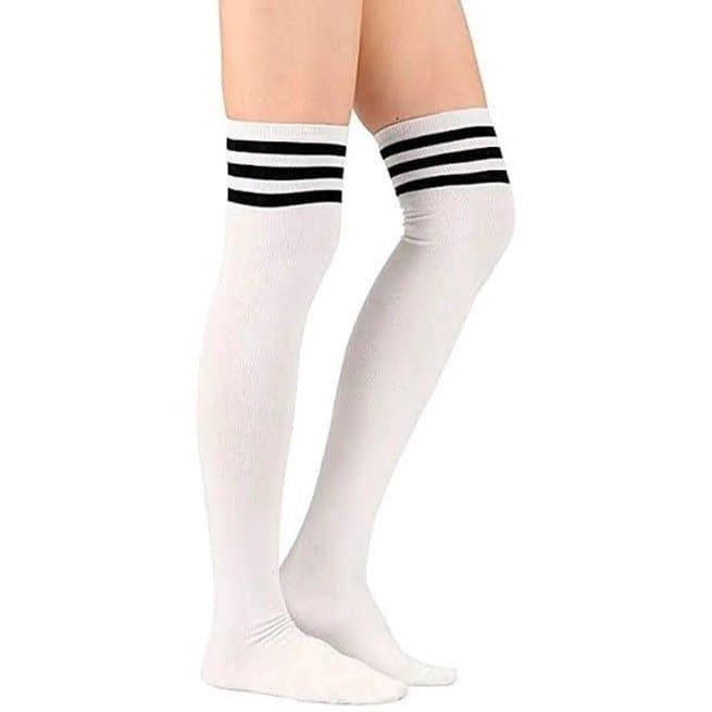 Meia Fina 5/8 Branca E Listras Pretas Festa Fantasia Colegial Cosplay Anime