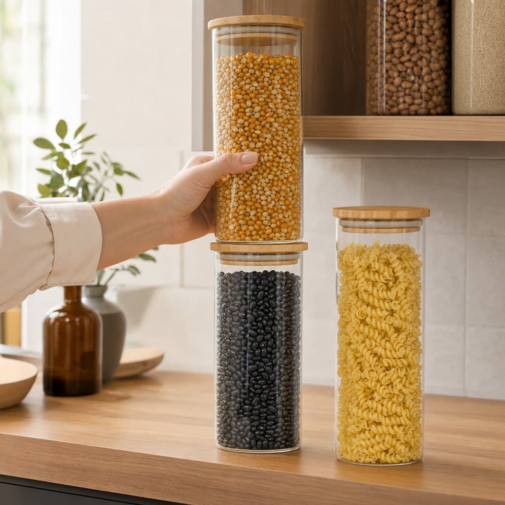 Potes Hermeticos de Vidro Borossilicato 1200ml com Tampa de Bambu, vidro transparente, empilhaveis, kit 6 potes