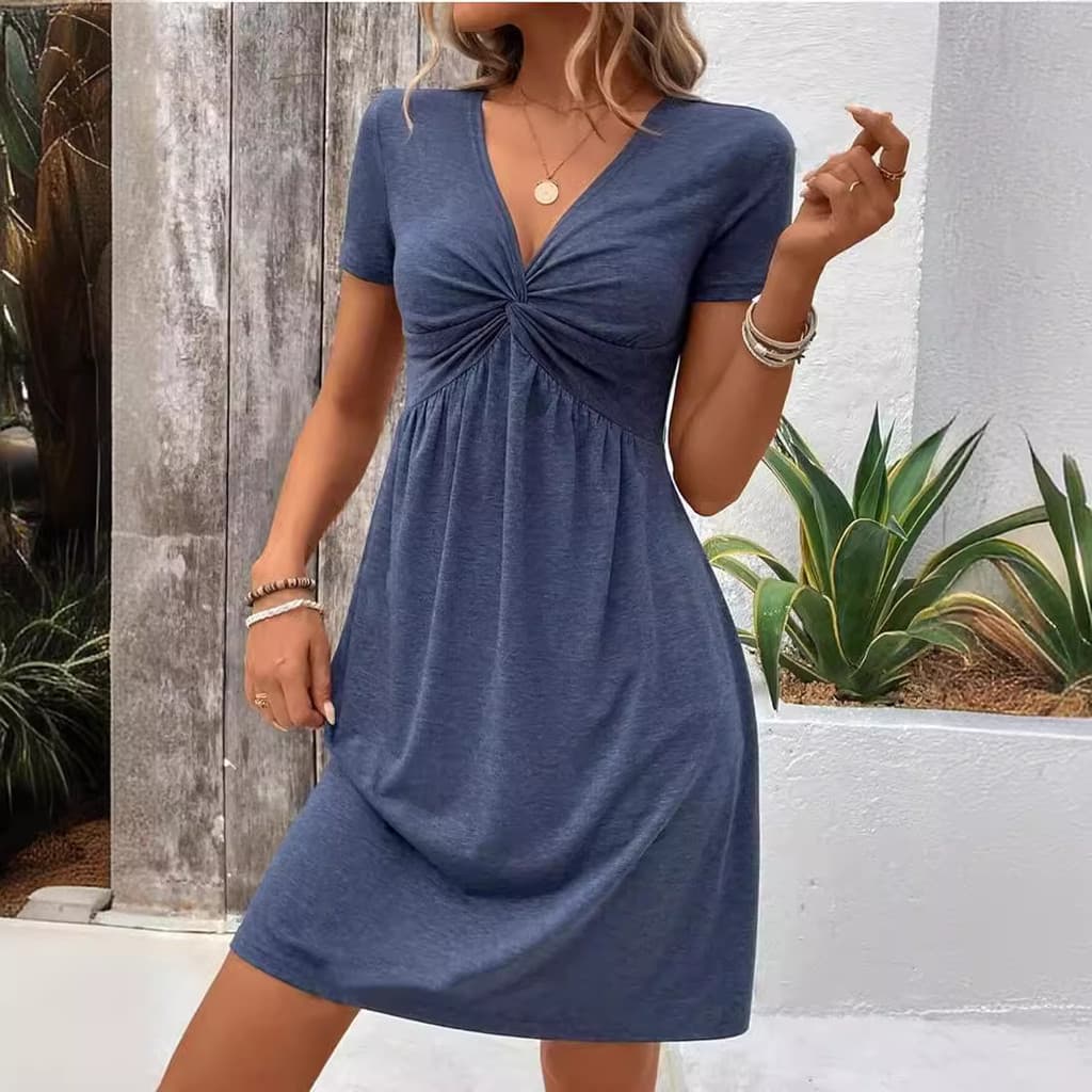 2026 Cross-Border colorido algodão manga curta com decote em V Design sentir peito torção vestido de cintura estreita