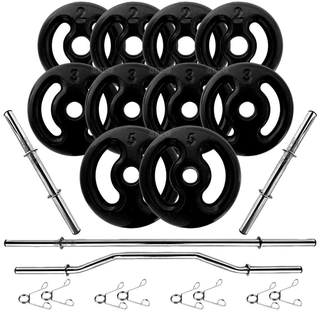 Kit 30Kg Anilhas Emborrachadas Pretas com Barras de 40cm e 1,60m + Barra W 1,20m