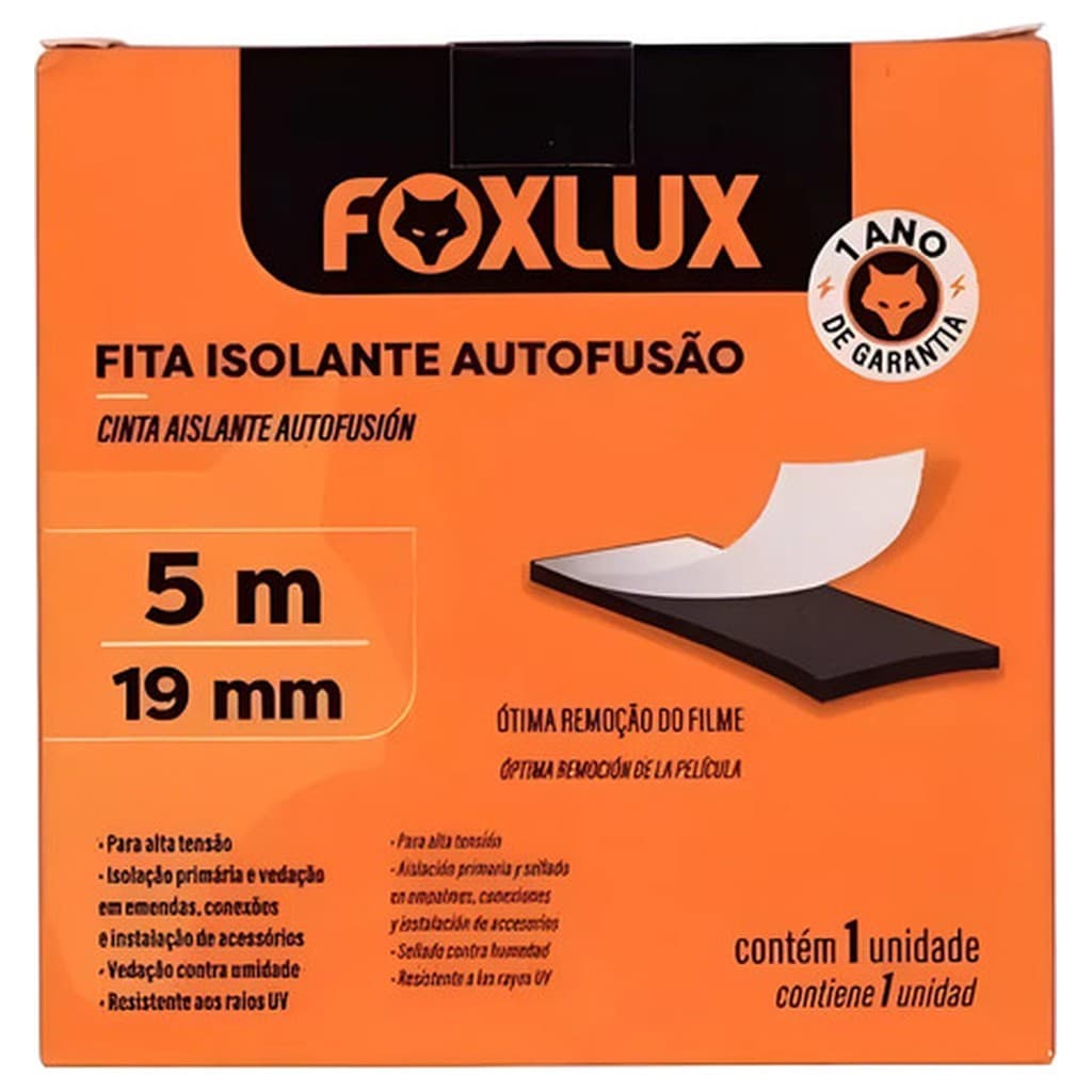Fita Auto Fusão Foxlux 5m Preta Lisa Isolante Alta Tensão 69kV Vedação Elétrica