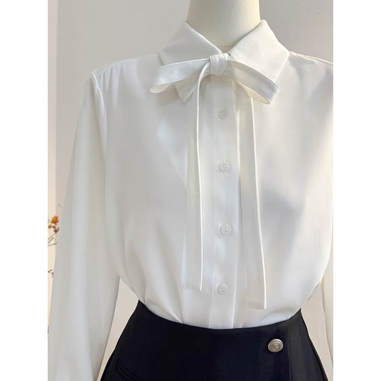 Camisa de laço de fita azul feminina 2025 primavera outono manga comprida elegante camisa de viagem entrevista profissio