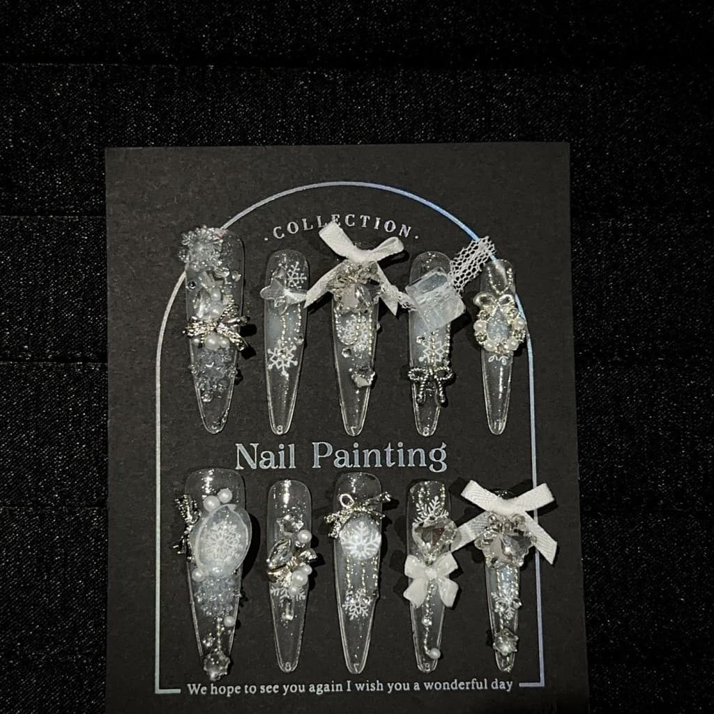 Puro artesanal usando unhas branco longo indústria pesada piscando remendo de unhas falsas luz Design de luxo diário All