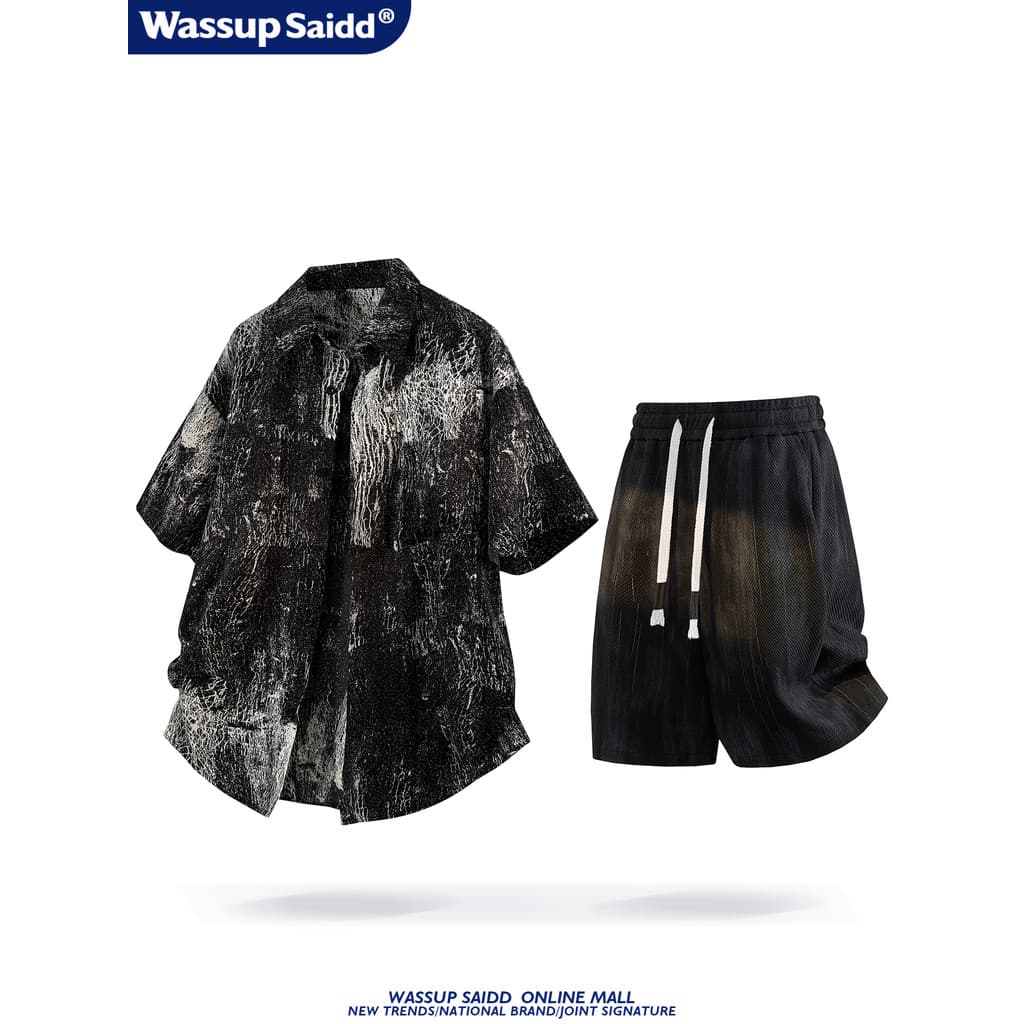 WASSUP SAIDD Terno Tie-Dye de verão Ice Smooth Drape Camisa de manga curta Shorts casuais de cinco pontos na moda mascul