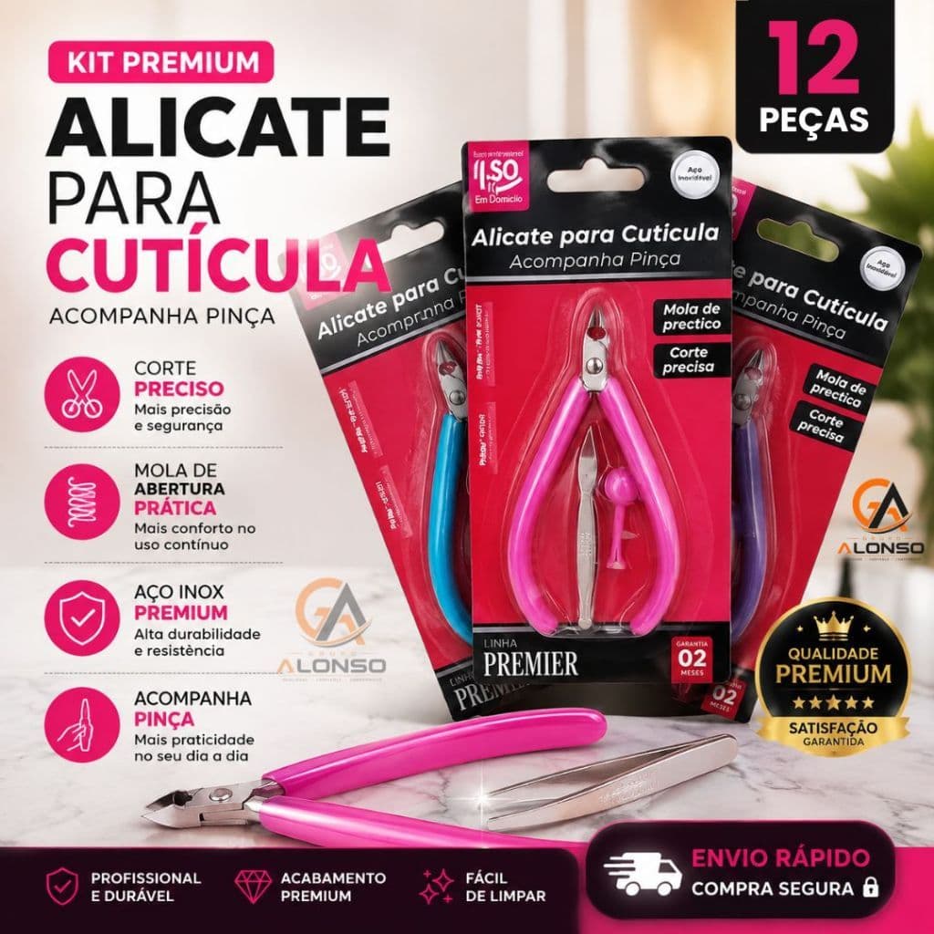 Kit 12/6 Alicate de Cutícula c/ Pinça de Sobrancelha Profissional Kit Manicure Salão de Beleza
