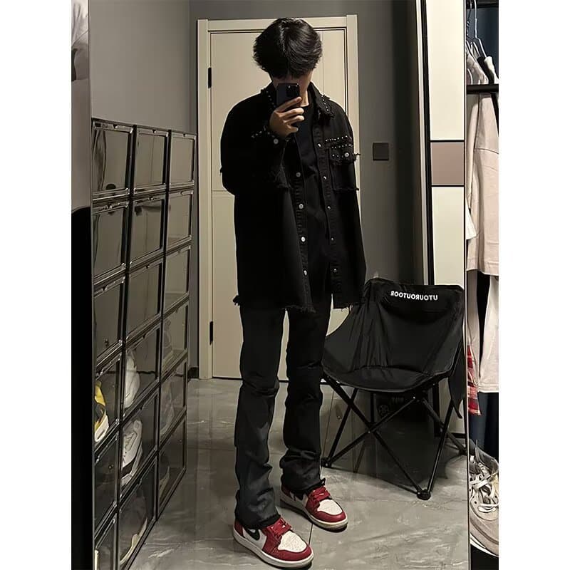Cleanfit curto rebites desgastados jaqueta jeans masculina Metal Punk Design sentimento usar jaqueta jeans