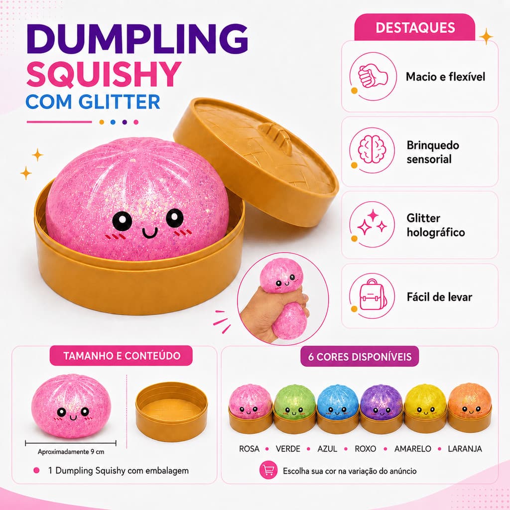 Squishy Surpresa Dumpling Antiestresse Com Carinha Fofa Macio Glitter Bolinho Chinês Fidget Toy Com Cestinha