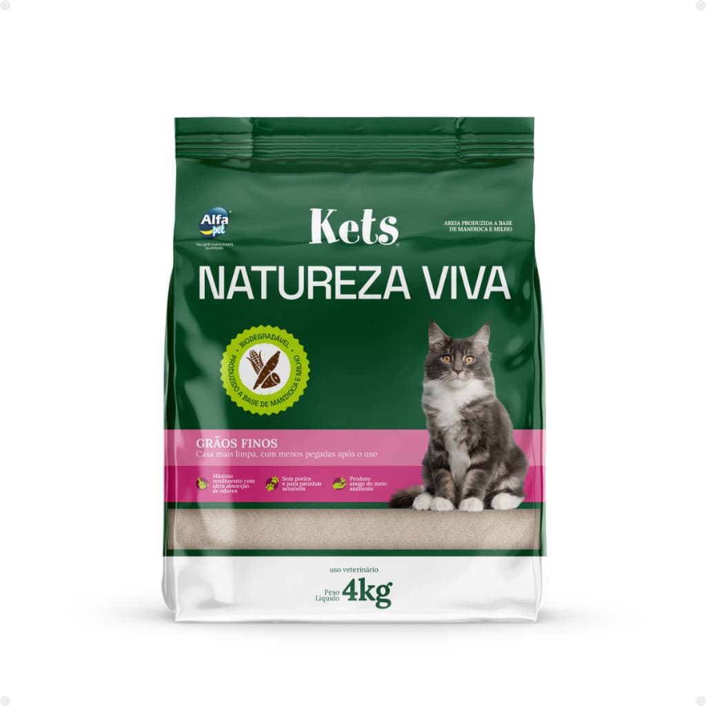 Areia Higiênica Sanitária Gato Mandioca Kets Natureza Viva Grãos Finos 4Kg