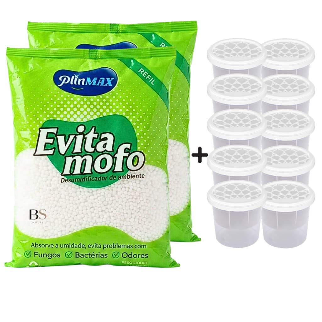Antimofo Refil 2kg + 10 Potes Desumidificadores Evita Mofo Cheiro Umidade Armário Guarda-Roupa Kit