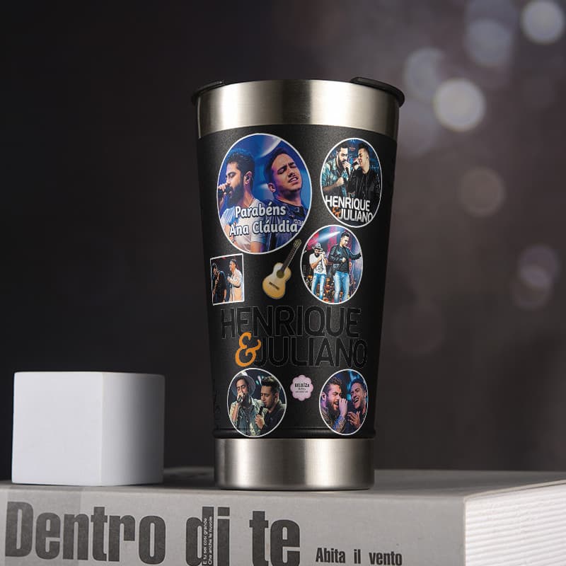 Copo térmico tumbler henrique e juliano 473ml aço inoxidável com abridor de garrafas embutido e tampa parede dupla vácuo