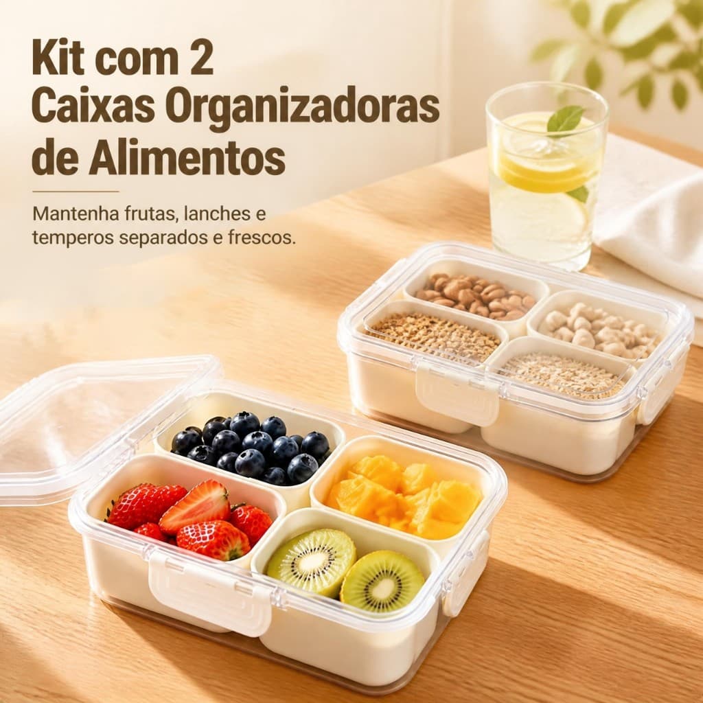 Pague 1 Leve 2! Pote Hermético Organizador c/ 4 Divisórias, Plástico Alimentício p/ Geladeira. Pote Hermético Promoção!
