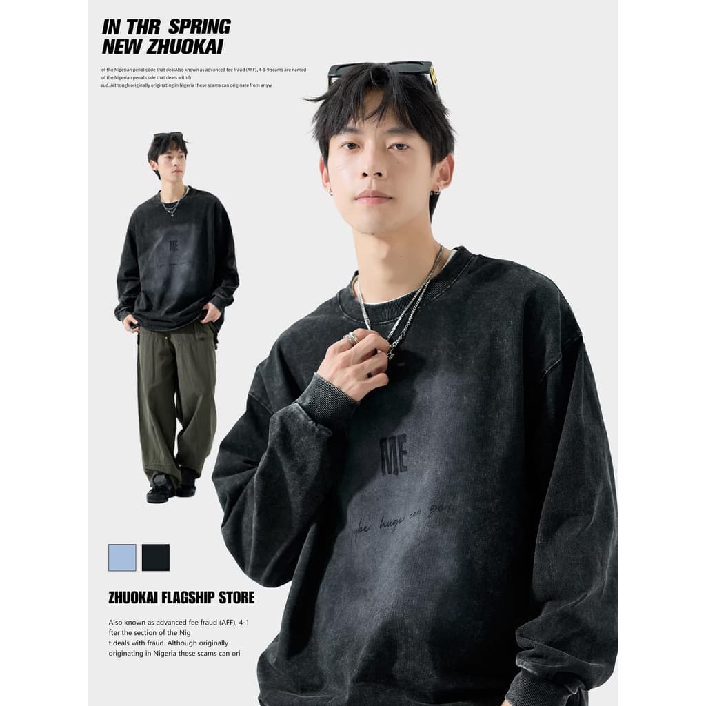 Estilo americano de manga comprida camiseta masculina estilo outono lavado desbotamento angustiado Bottoming meninos mol