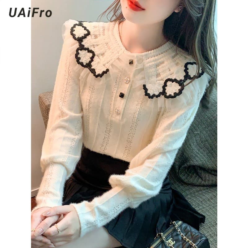 Top de renda francesa feminino outono inverno roupas 2024 novo estilo elegante moda redução de idade All-Match camisa de