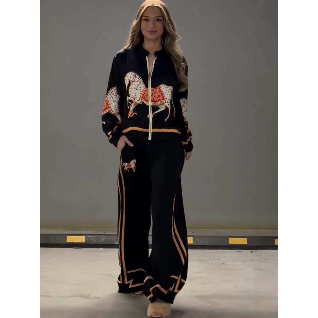 [Novo produto] Jaqueta elegante estampada com sentido de ano + calça dois conjuntos [estilo mais vendido]