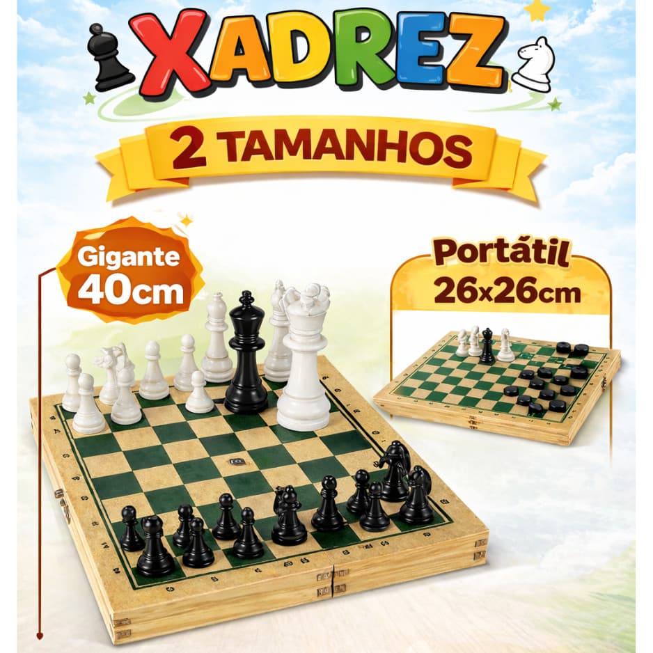 Jogo de Xadrez Grande 40cm em Madeira e jogo Xadrez e damas com Estojo Peças de Xadrez