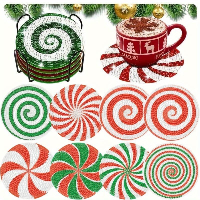 DIY estilo de natal padrão espiral lantejoulas pintura diamante Coaster com prateleira tapete antiderrapante ferramenta