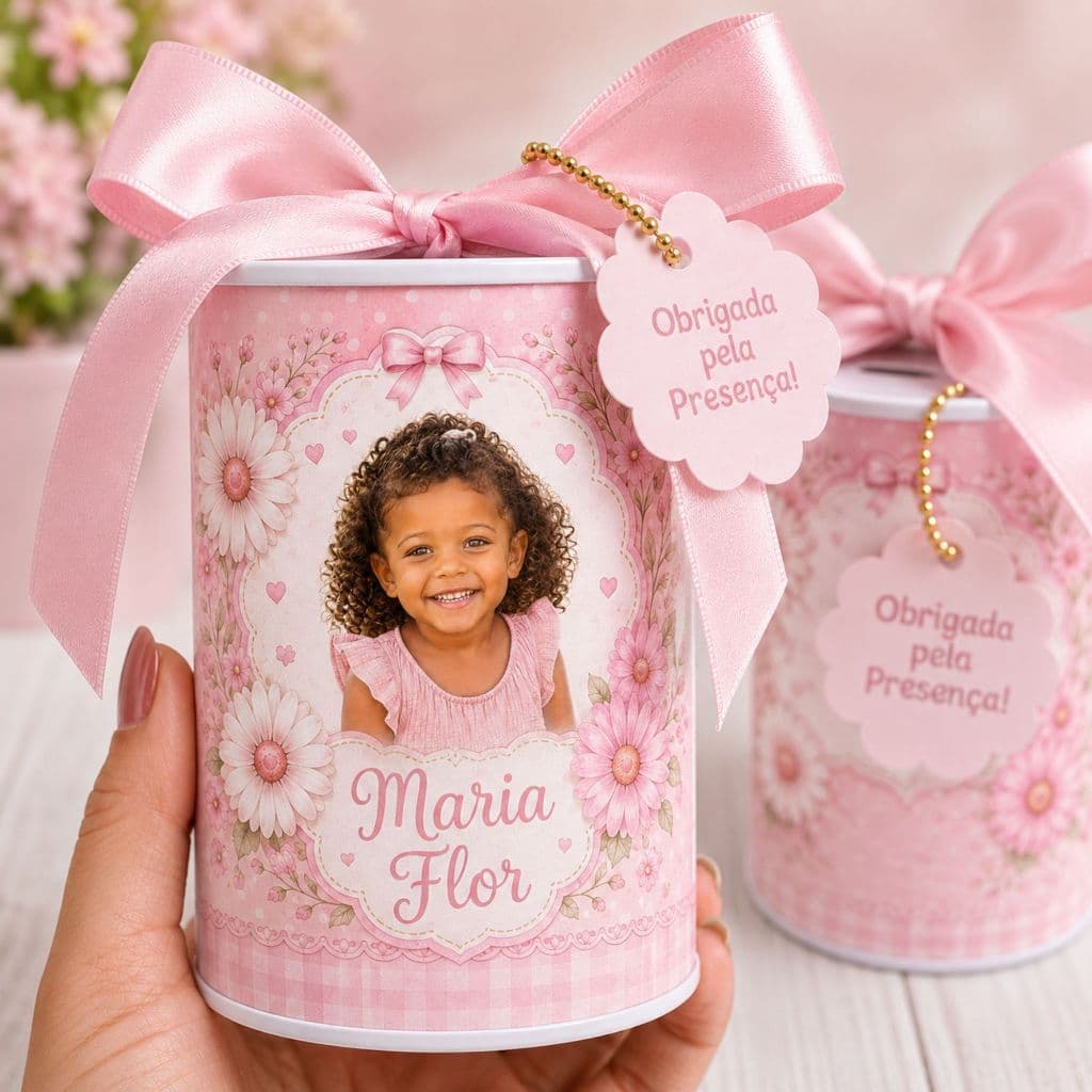 Kit 20 Cofrinhos Personalizado com Foto 9x6 - 20 Unidades - Porta Moedas Lembrancinhas para Festa Jardim Margarida Rosa