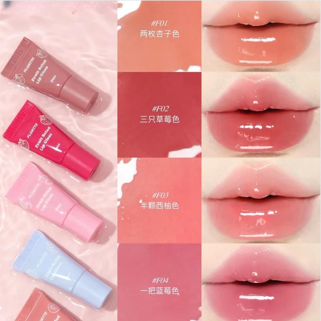FLORTTE/Flor Lolia Fruit Salad Series Tubo Lip Gloss Lip Glaze Espelho Batom Brilho de Água