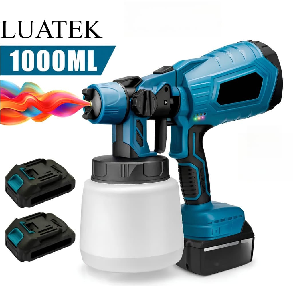 Pistola de Pintura Elétrica 21V 1000ml 2 Baterias Lítio Bicos Ajustáveis Para Pintura Parede Móveis