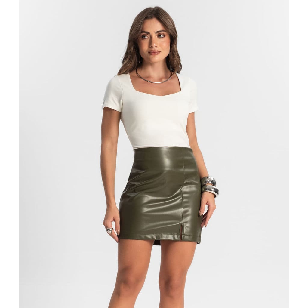 Saia Feminina Curta Em PU Style Box Verde