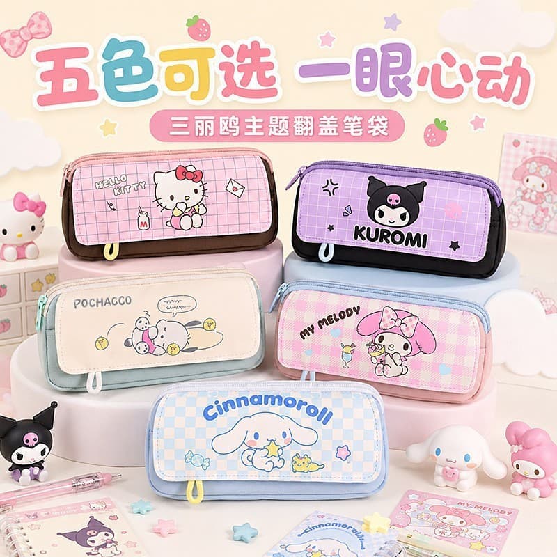 Novo Sanrio Co-marca canela cão triângulo Flip lápis caso melodia Kuromi grande capacidade triângulo tridimensional lápi