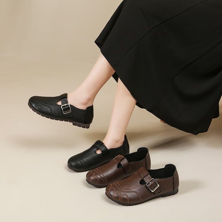 Senhoras retro costura Mules Baotou oco fivela cinta capa pé plana couro falso retro saltos casuais