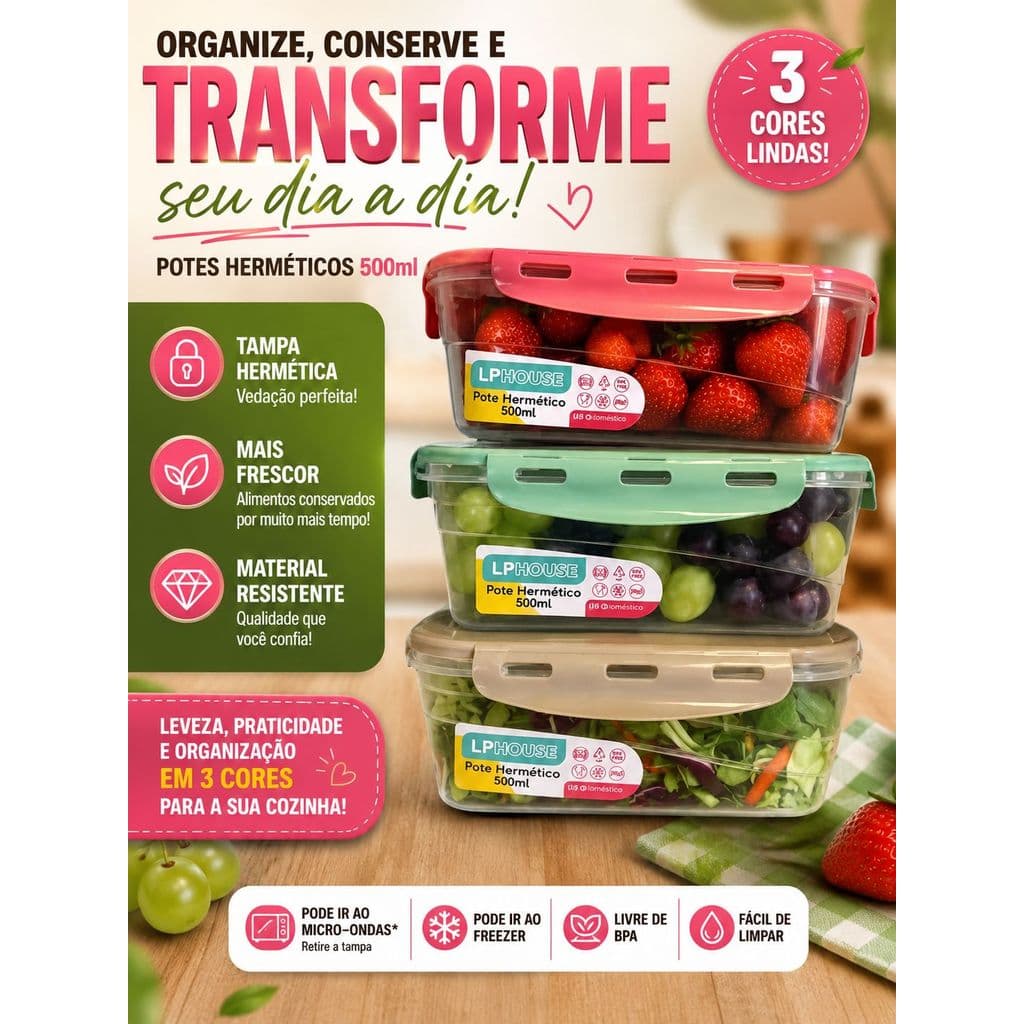 Kit 3,6,9,12 Potes 500ml Hermético Com Tampa Pote 4 Travas Marmitas Fitness Saladas Frutas Comida