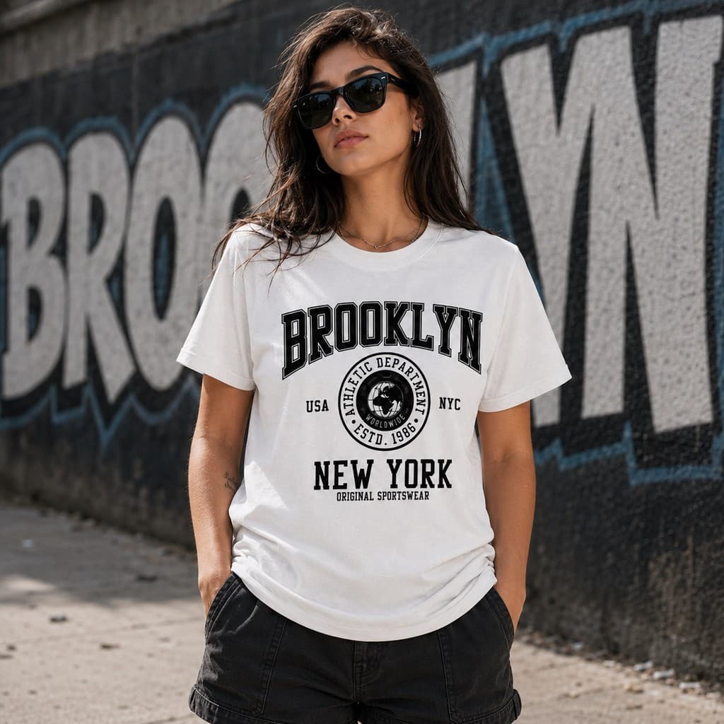 Camisa Feminina Brooklyn New York Estampada Algodão Moda Jovem Streetwear Manga Curta