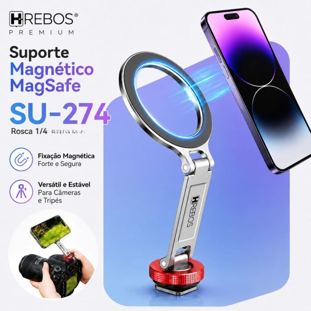HREBOS Suporte MagSafe Magnético para Tripé, Camera Rosca 1/4” Compatível com iPhone 14 15 16 17 Pro Max