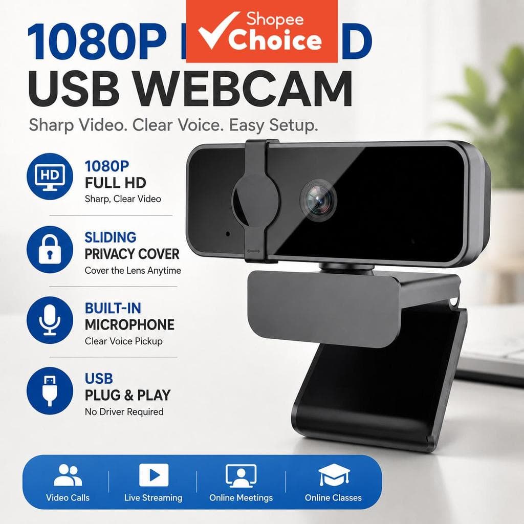 Câmera JCL 1080p para PC e notebook, webcam plug & play USB com microfone e tampa de privacidade para reuniões, aulas e